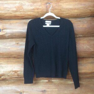 Fiona Black Cashmere V Neck Cable Knit Sweater Size Large